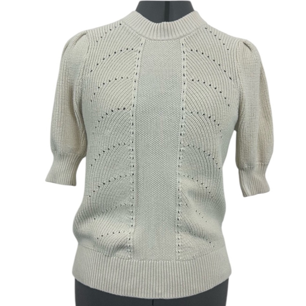 Signature Cream Cable Knit Puff Sleeve Sweater Top Medium